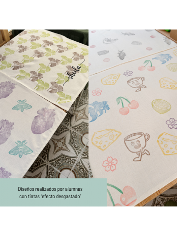 mantelitos de té diseñados y estampados por las alumnas en Vintastic Shop Gijón centro