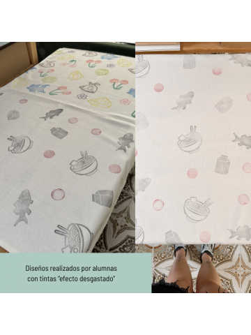 paños de cocina estampados en el taller de estampación textil en Vintastic shop con sellos carvados a mano