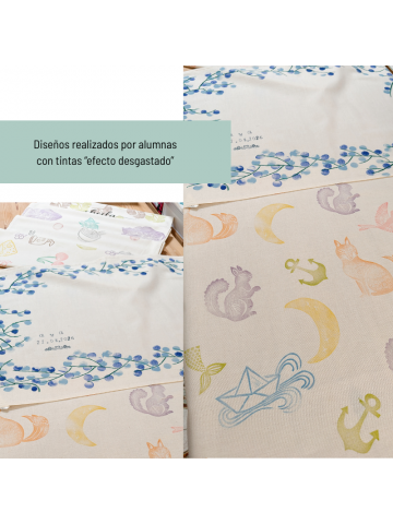 textiles diseñados y estampados a mano por las alumnas en el taller de estampación textil en Vintastic Shop Gijón centro